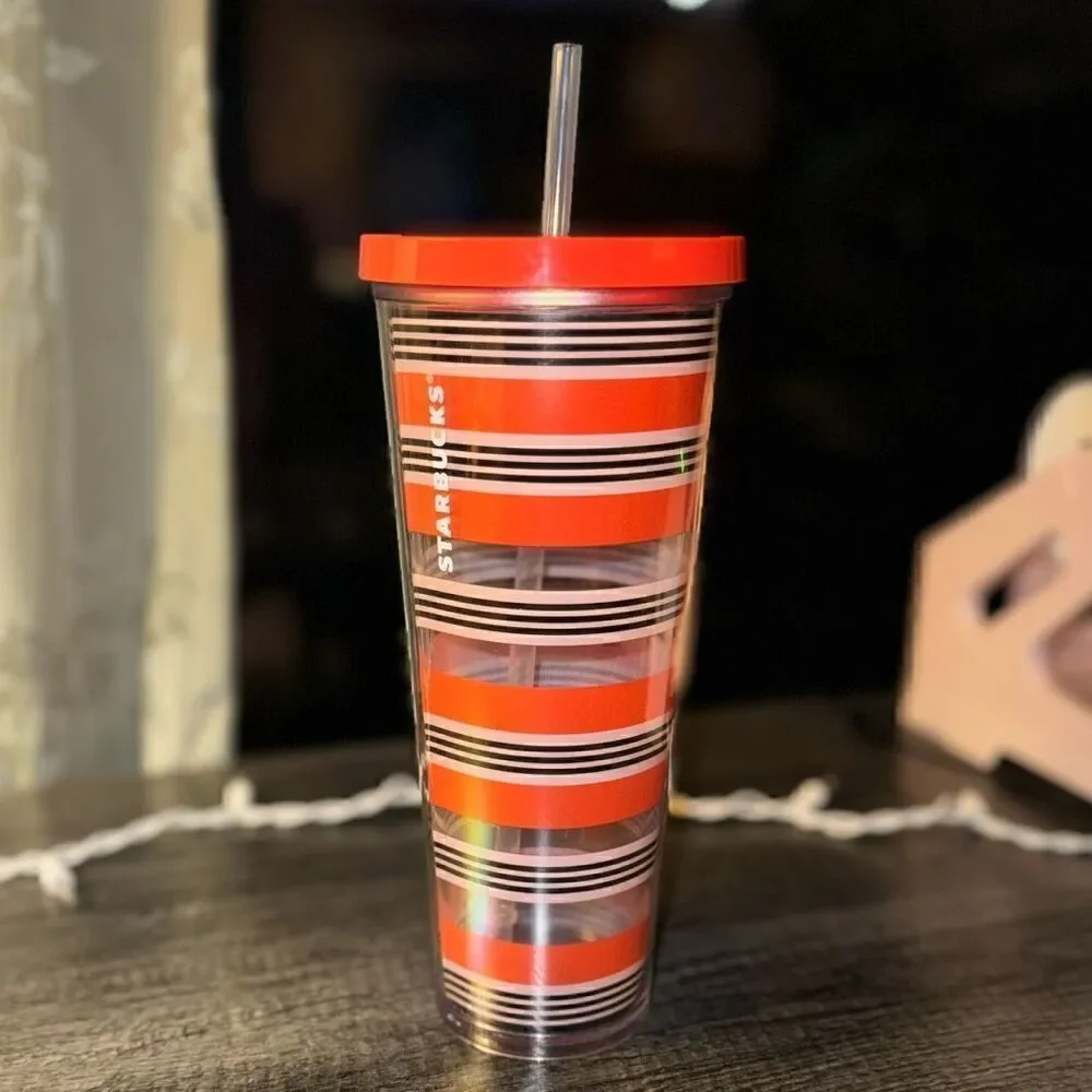 STARBUCKS 2018 halloween black, white, and orange striped 24oz tumbler